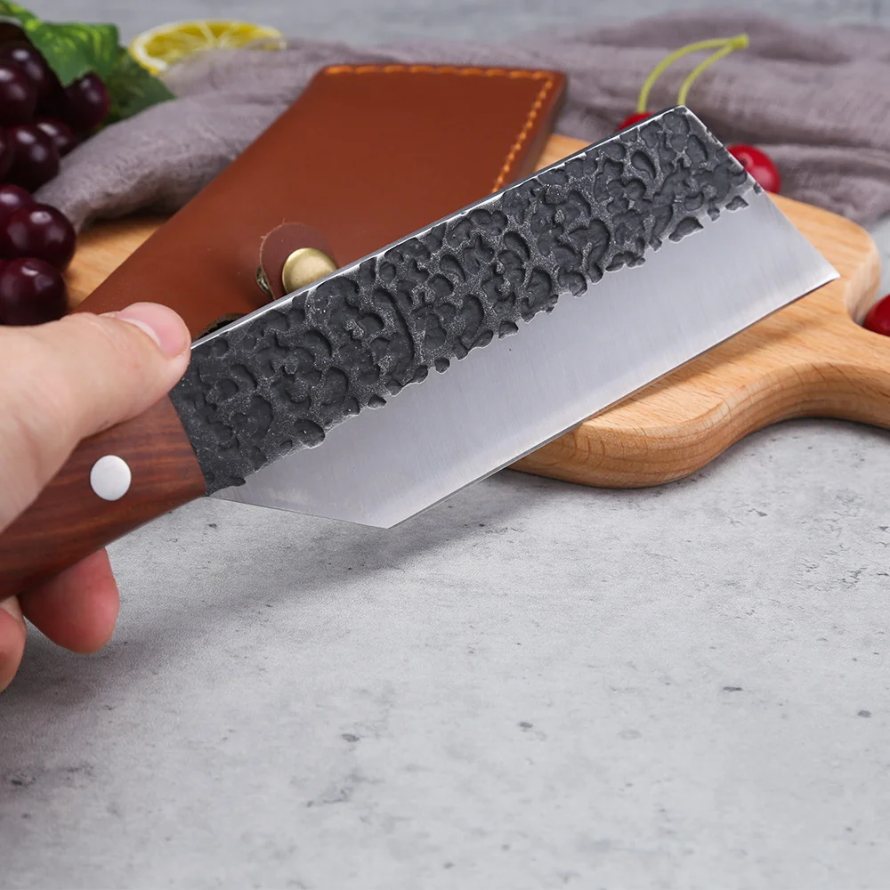 
Factory OEM 7 Inch 5.5mm Thick Full Tang Hammer Finished Red Sandal Wood Handle Stainless Steel Kitchen Chef Knife Meat Hammered 