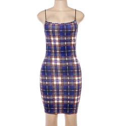 New Arrivals Summer Cute Party Club Women Casual Backless Shoulder Strap Patchwork Gingham Mini Dress