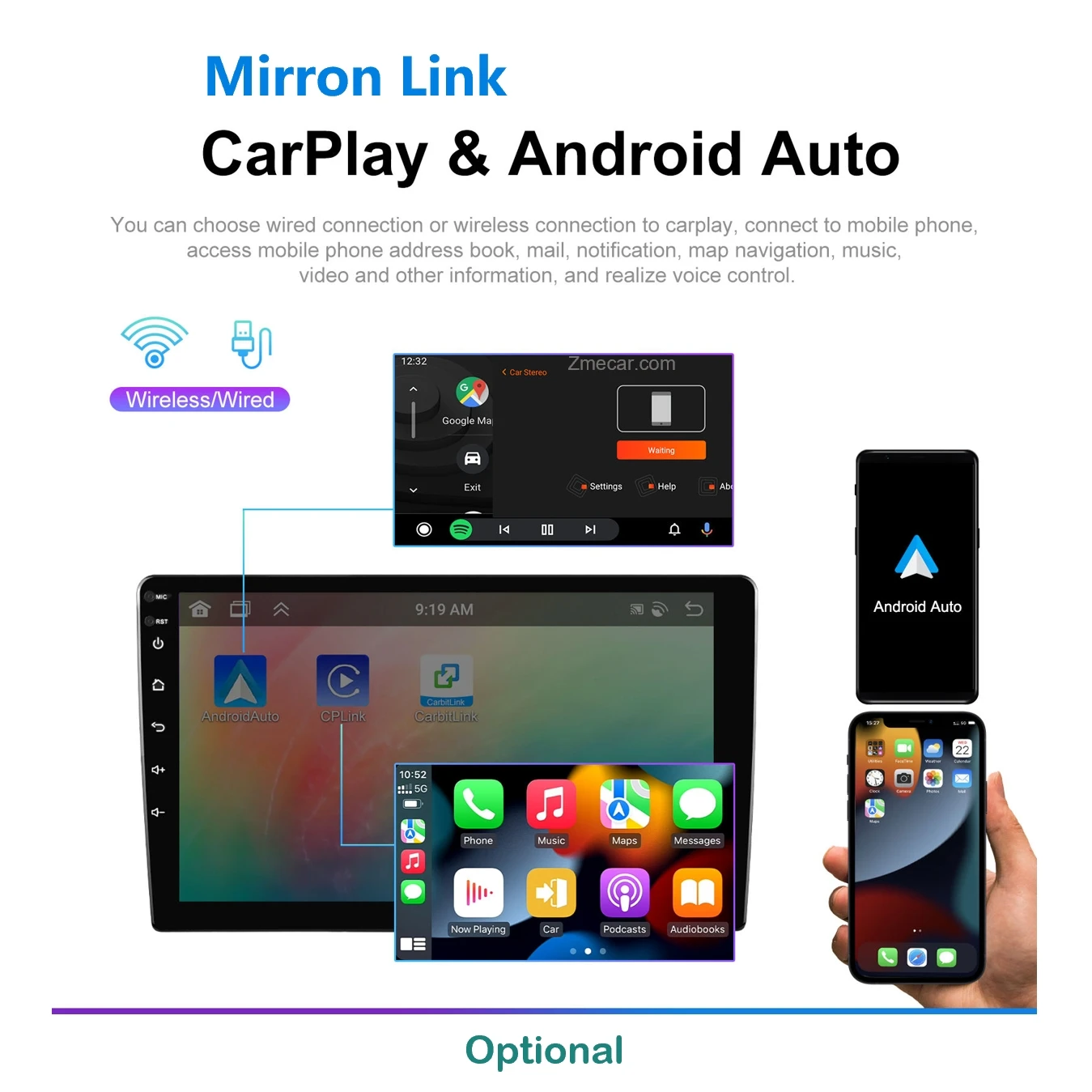 Zmecar Universal Android Car Player 7/9/10 Inch Touch Screen Android Auto CarPlay BT FM WIFI GPS Car Radio