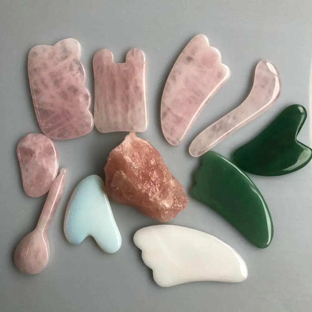 Rose Quartz Stone Jade Guasha Slip Massage Board Tool Set
