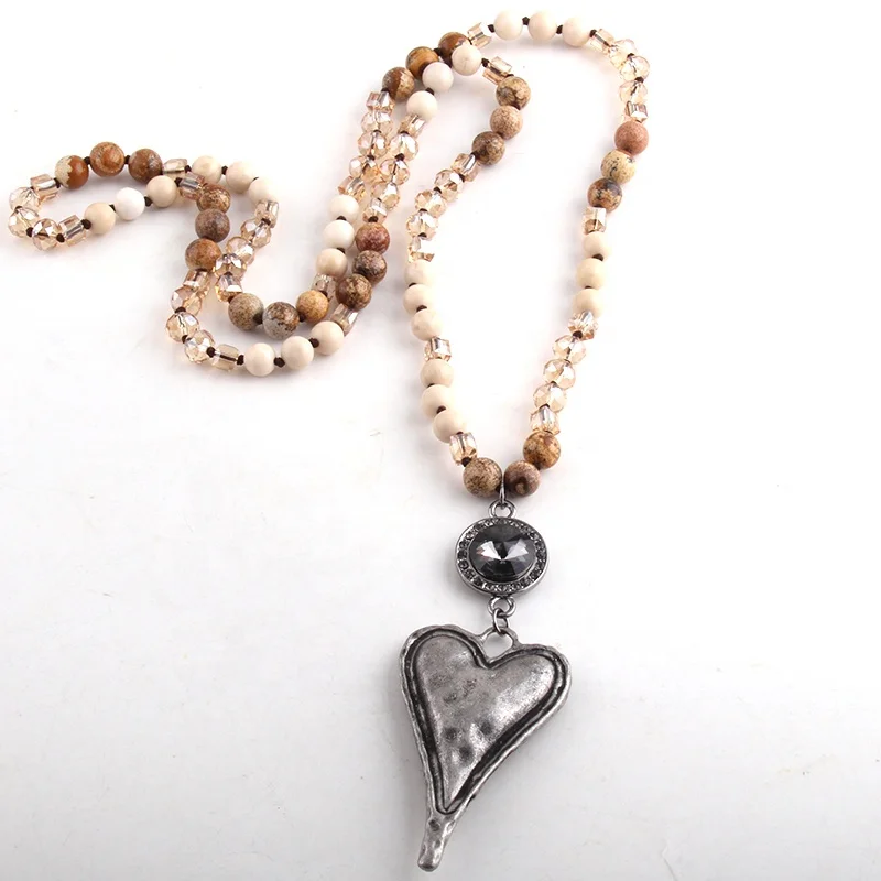 Women 8mm Long Knotted Round Crystal Natural Stone African Turquoise Necklace Big Metal heart Pendant Necklace