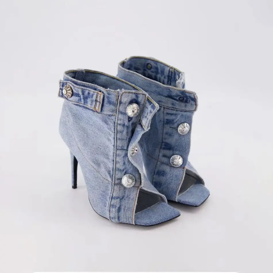 Fashion denim boots pointed heel side zipper shoes for women new styles middle high heels shoes for women