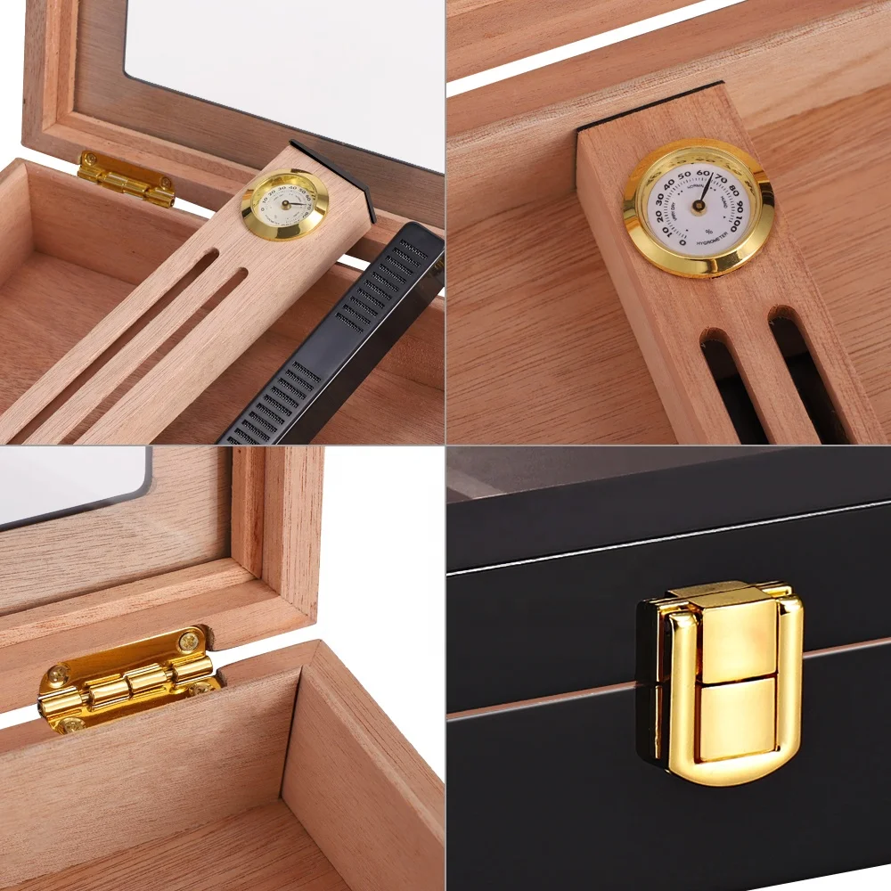Custom humidor cigar box luxury wholesale smell proof black wooden blank hygrometer humidor cedar cigar box