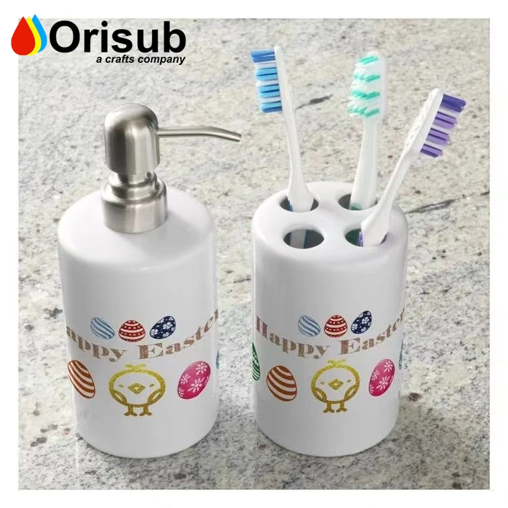 Custom printed white ceramic soap dispensers and toothbrush holder for sublimation