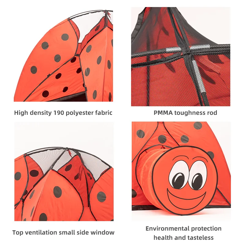 2-In-1 Kids Play Indoor/Outdoor Tunnel Tent Ladybug Cartoon Beach Sun Pop Up Tent Playground Beetle Game House for Children,Red