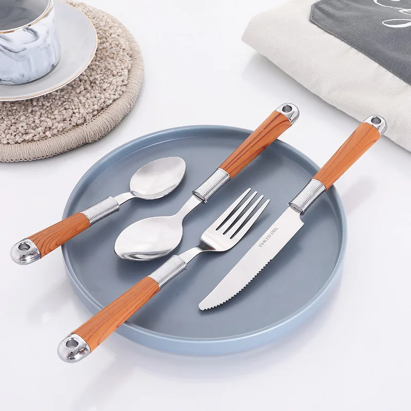 Wood Grain Tableware Steak Knife Fork Small Tea Spoon 410 Stainless Steel Cutlery Sets 24PCS Portable Dinnerware Flatware Sets