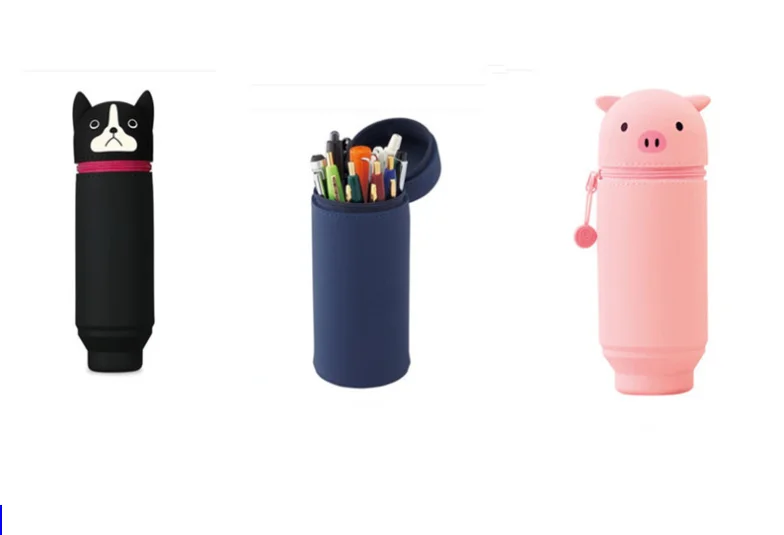big capacity custom kids school girls 3d Stand Up Pen Holder bag cute Silicone Pencil Case  with animal face