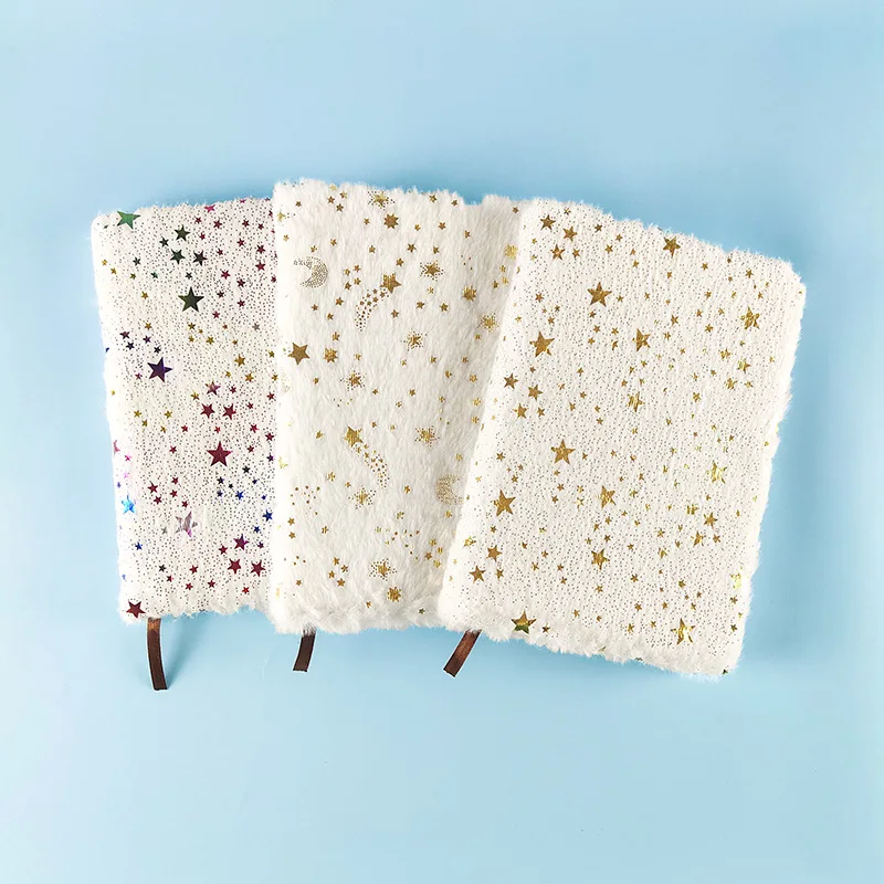 Soododo 80-Page Notebook Gold Stars Embroidery A5 Plush Fabric Cover Student Cross-Border Prize Diary Notepad Magnetic Style