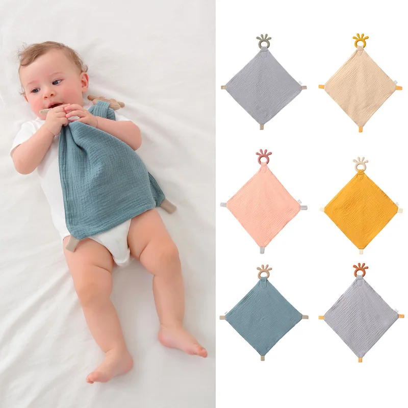 Newborn Blanket Silicone Teether Ring Soothe Appease Towel Bibs Sleeping Dolls Muslin Cotton Comforter And Teething Set