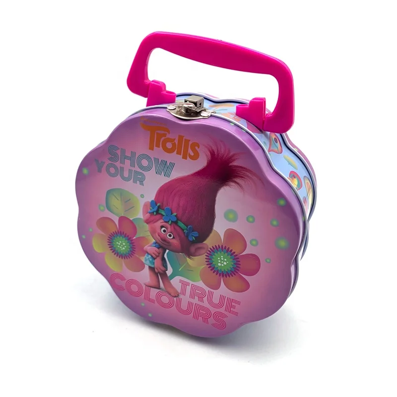 Lovely customized printed logo rectangular mini vintage metal tin gift suitcase lunch box with handle for kids