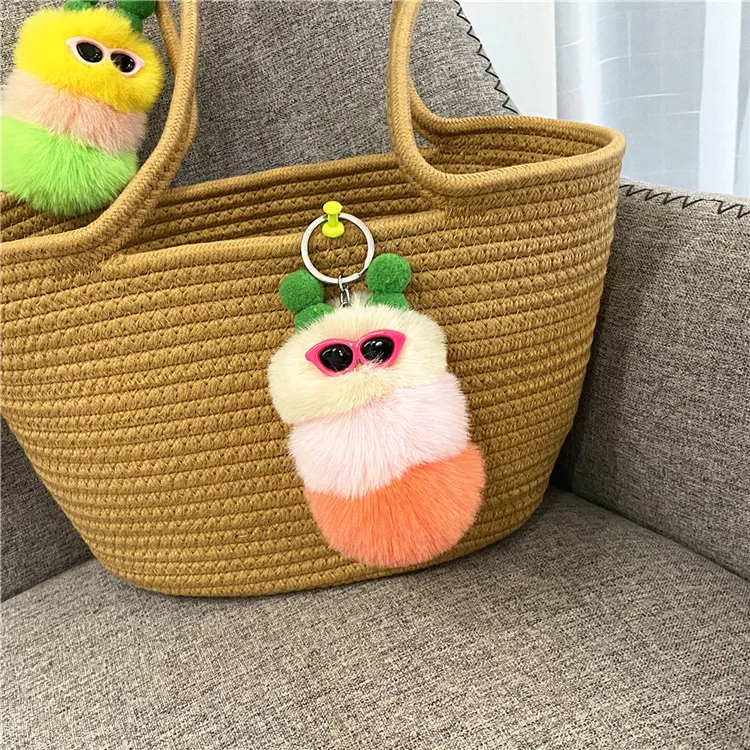 Fancy Caterpillar Keychain Rabbit Fur Caterpillar pom Pom animal Key chains with Sunglasses and Winter Knit Hat stuffed toy