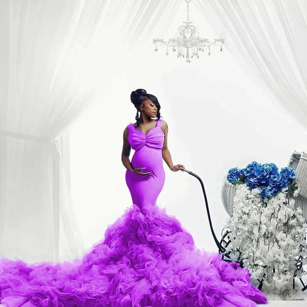 2024 new arrival High Quality Plus Size Tulle Maternity Dress Detachable Sleeves Strapless Long Ruched Train Photographic pregna