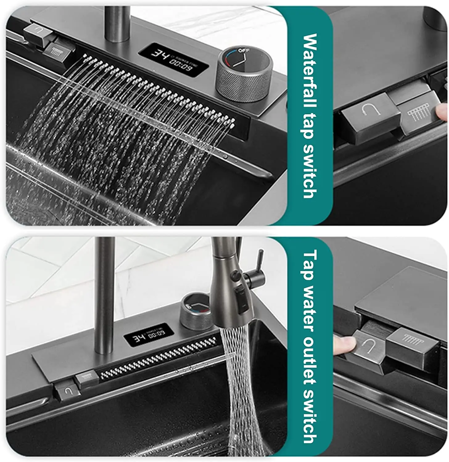 Kitchen Sink, 304 Stainless Steel Nano Raindance Waterfall Sink, with Pull-Out Faucet Single Bowl Big Sink