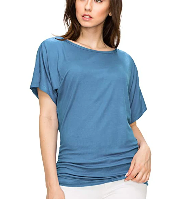 Custom v neck t shirts women side shirring fashionable Short Sleeve Boat Neck V Neck Rayon Bamboo summer T-shirt Women