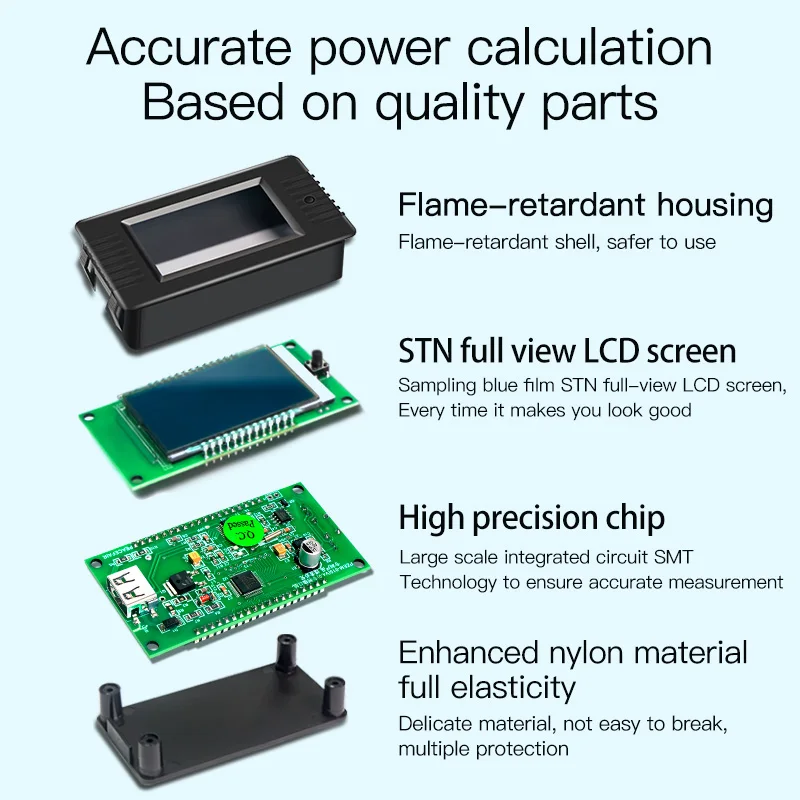 DC 0-200V 50A 1m USB Voltmeter Ammeter Car Battery Tester Capacity Electricity Voltage Monitor for 12v 24v 48v 96v