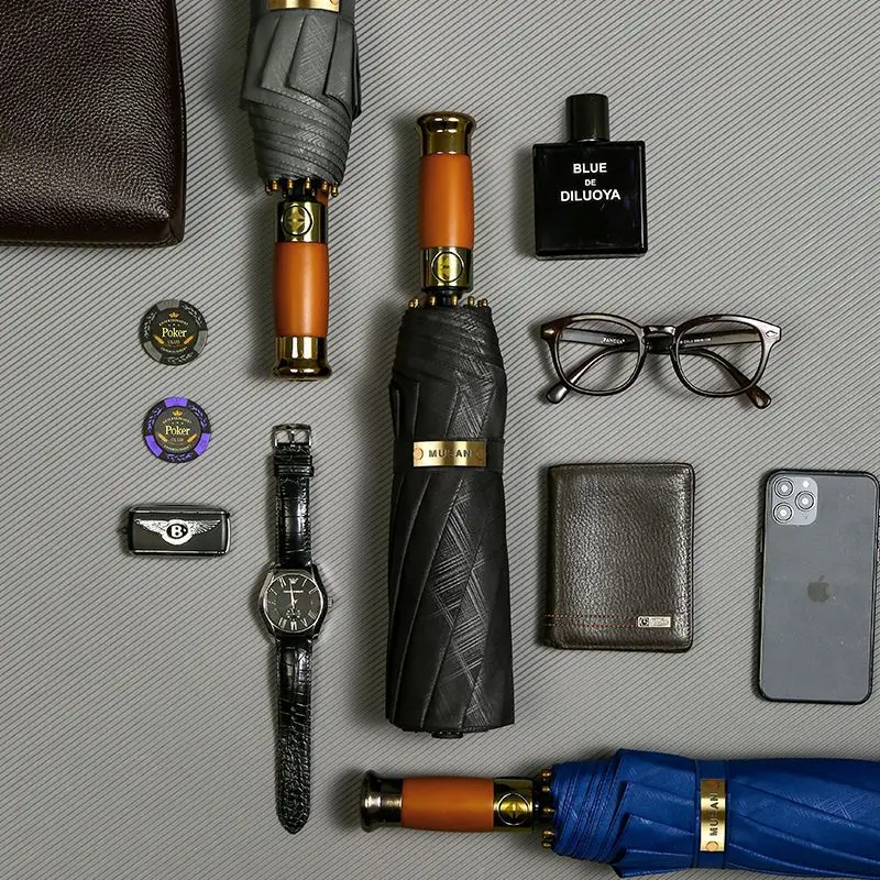 Luxury Automatic Open Three Folding Regenschirm Business Men Sun Rain Paraguas New Design Foldable Umbrella Custom logo Printing