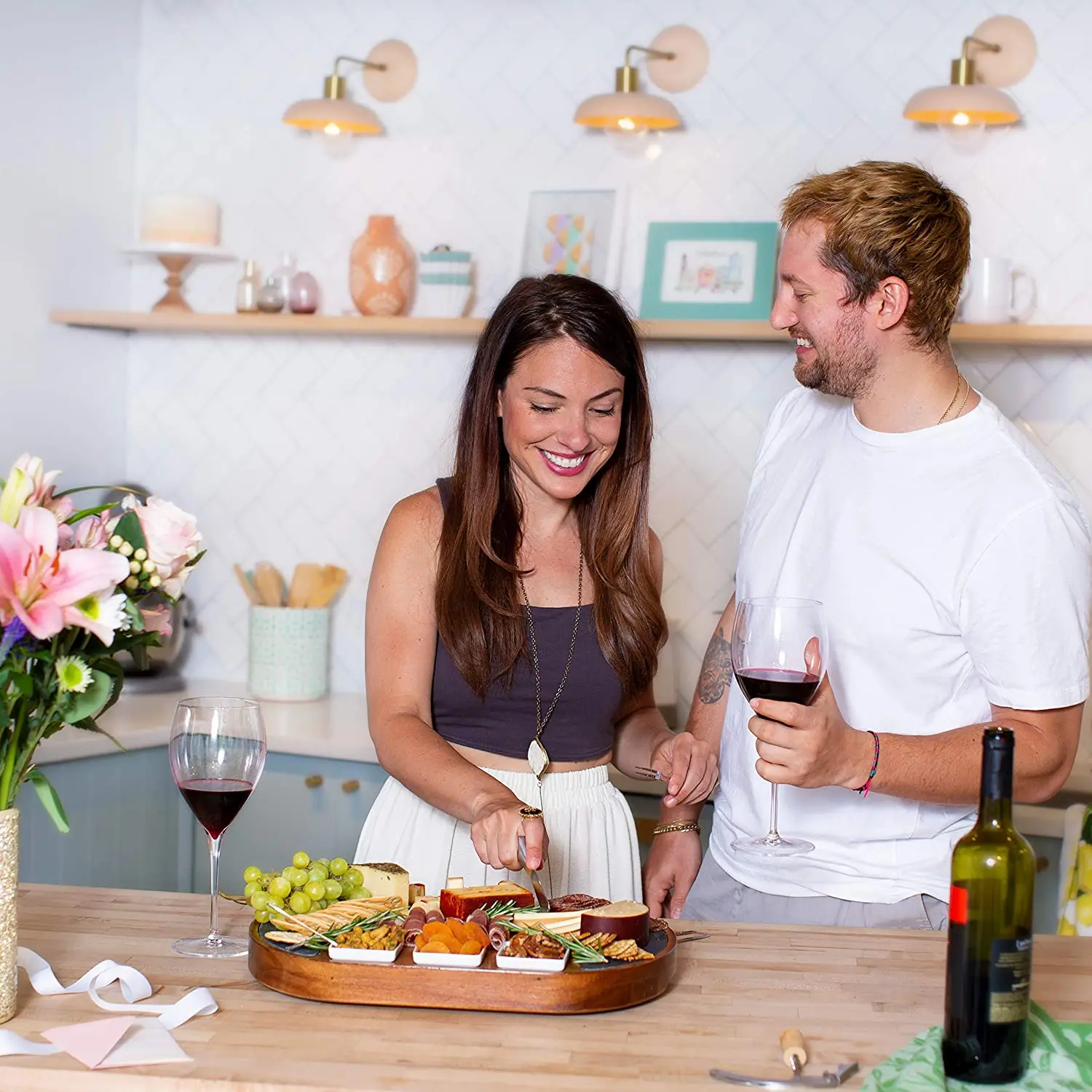 Large Round Charcuterie Board Set-Giftable 20pcs Cheese Board and Knife Set Acacia Wood & Slate Serving Tray