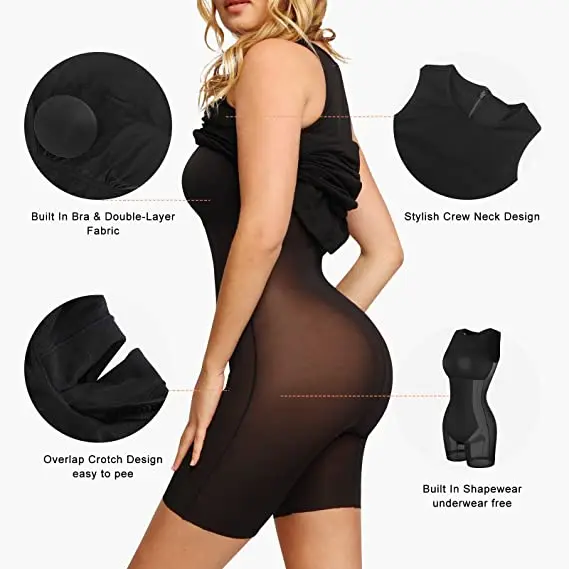 Wholesale Maxi/Mini Built in Shapewear slip Bra 8 in 1 Women Lounge Spaghetti Sleeveless Backless Dresses for Plus Size Women