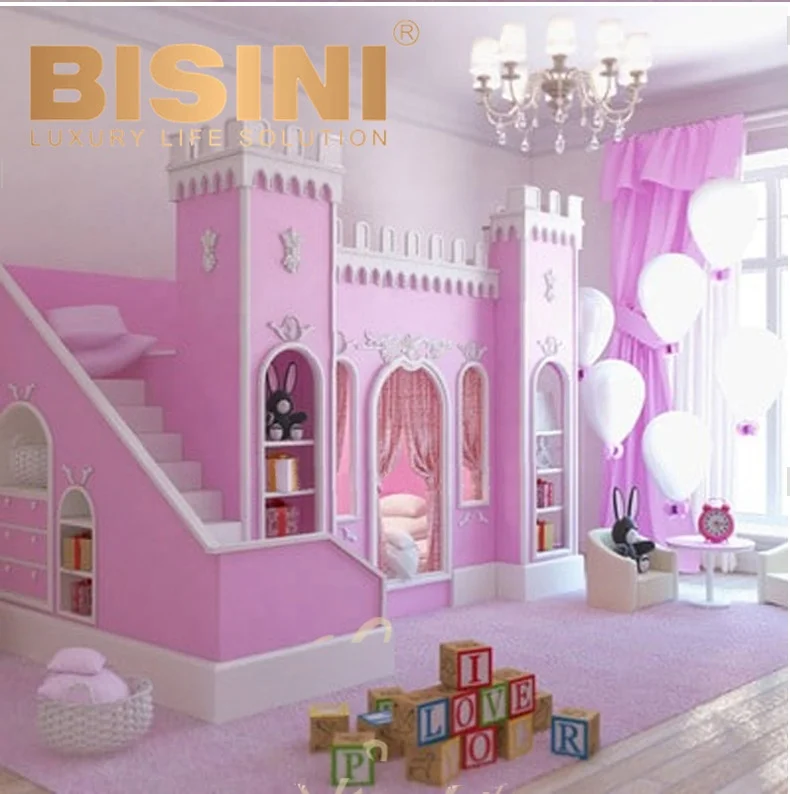 Children Double Bed With Stair And Cabinet Pink Castle Wooden Bunk Bed For 2 Kids