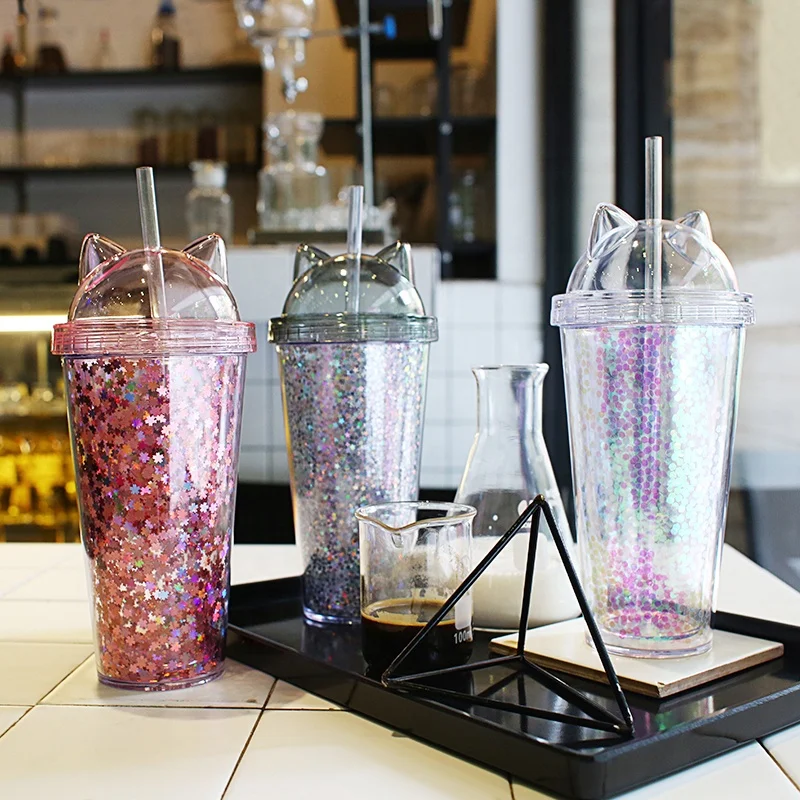
Girlwill Cat Ear Lids Double Wall Glitter Tumbler Cup with straw Custom Logo Supports OEM/ODM Coffee Mugs Wholesale 
