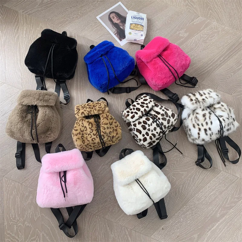 Wholesale  Multi Color Drawstring Backpack Fashion Winter Styling Soft Faux Fur School Girls Backpack Purse Plush Backpacks