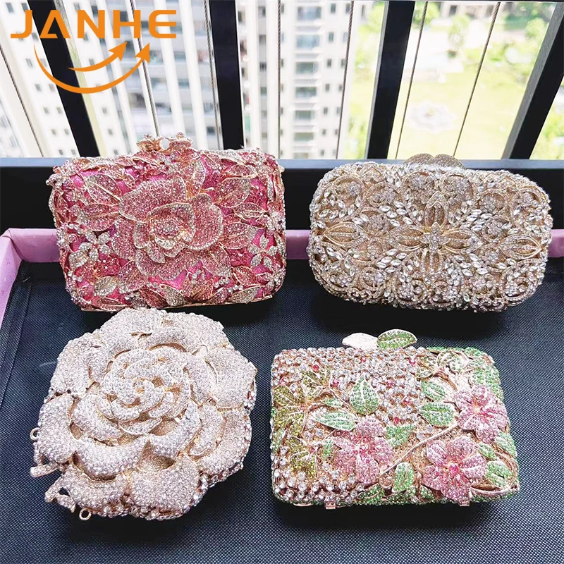 Janhe Wholesale sac a main Luxury boutique Clutch Women Crystal Rhinestone Wedding Handbag Party Purse Flower Evening Bags