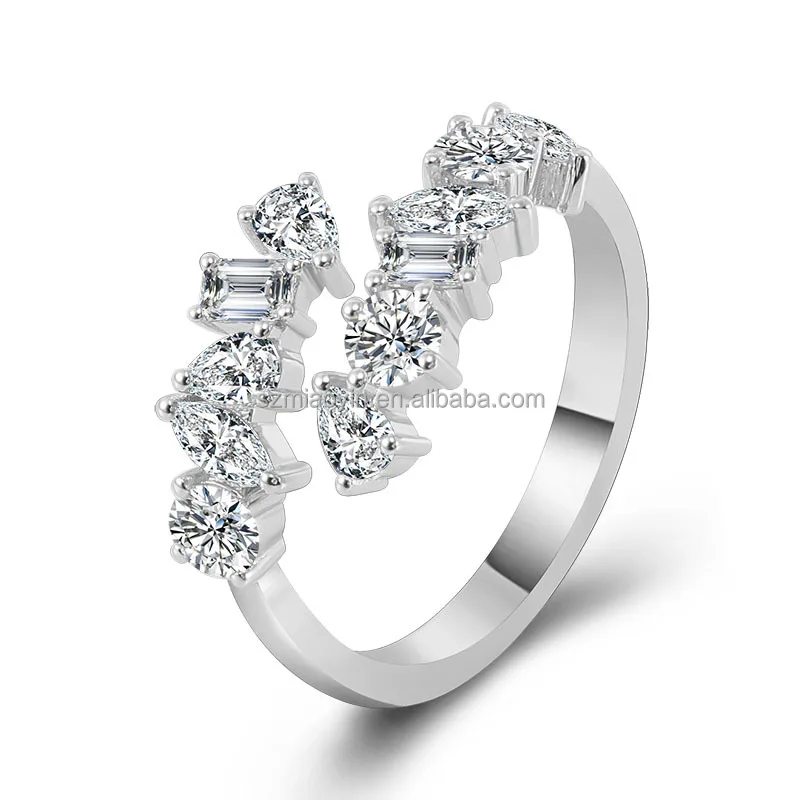 Trendy 10k 14k 18k Real White Gold Pear Emerald Marquise Cut Moissanite Diamond Open Adjustable Rings For Women Gift