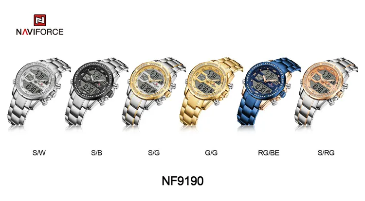 Часы NAVIFORCE 9190 SW Мужские Цифровые Спортивные водонепроницаемые кварцевые наручные с