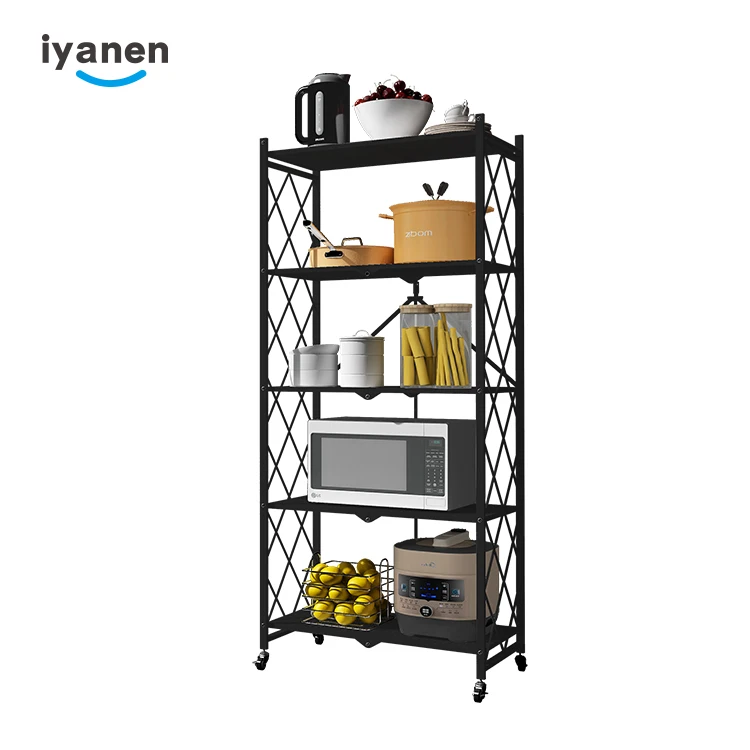 Iyanen Free Installation 5 Layer Foldable Kitchen Shelf With Wheel Mobile Floor Storage Metal Rack