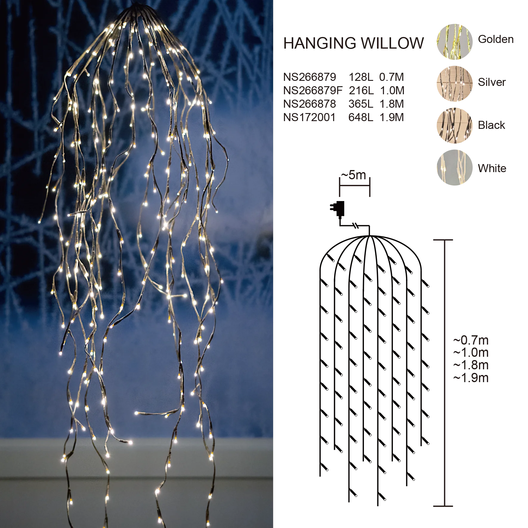 Wholesale Christmas warm white LED white black silver golden hanging weeping willow tree lights outdoor garden decoration light