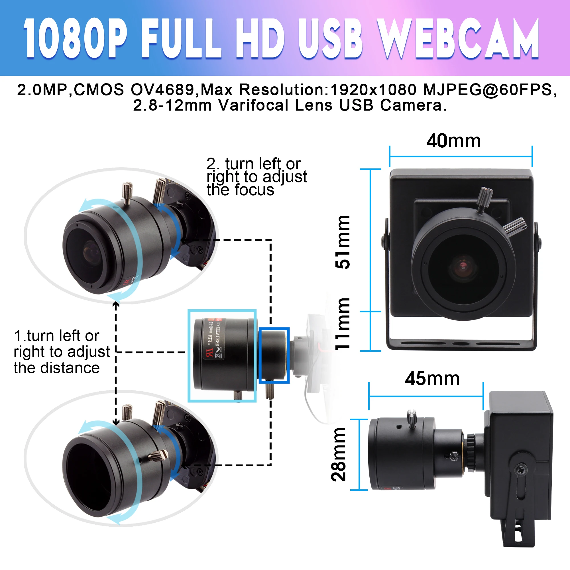 ELP 1080P 60fps PC Webcam 260fps Zoom 4x CMOS OV4689 Color PC HD Mini USB Digital Video Camera With 2.8-12mm Varifocal Lens