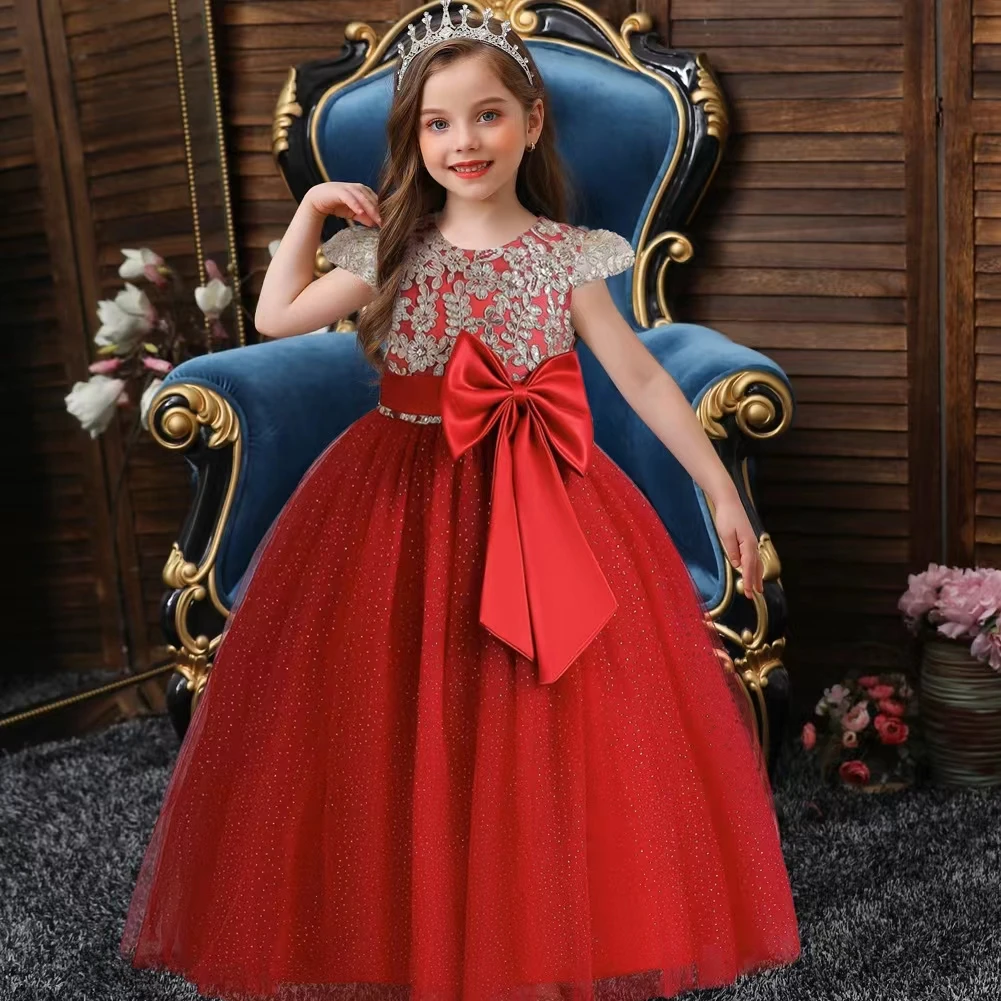 High grade girl red lace wedding dress Elegant Princess girl evening party dresses flower dresses for girls of 10 year old