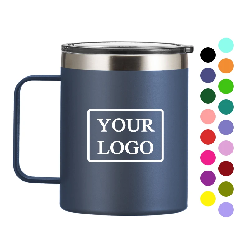 Custom 12oz Insulated Leakproof Coffee Mug with Lid Double Wall Vacuum Stainless Steel Travel Tumbler with Handle Camping Mug