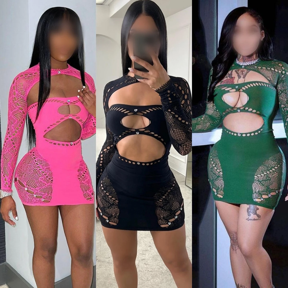 NN0060 Women Night Rhinestone Dress Long Sleeve Sexy Nighty Open Breast Dress Sheer Mesh Bodycon See Through Crochet Club Dress