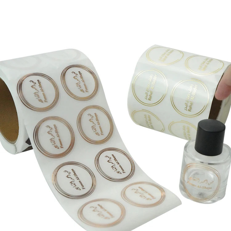custom private high quality self adhesive bopp waterproof logo printing transparent round bottle stickers rose gold foil labels