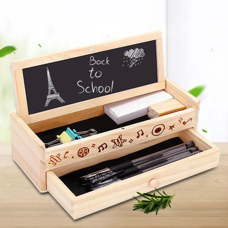 Multi-Functional Back To School Bamboo Pencil Box Double Layer Kids Wooden Pen Box