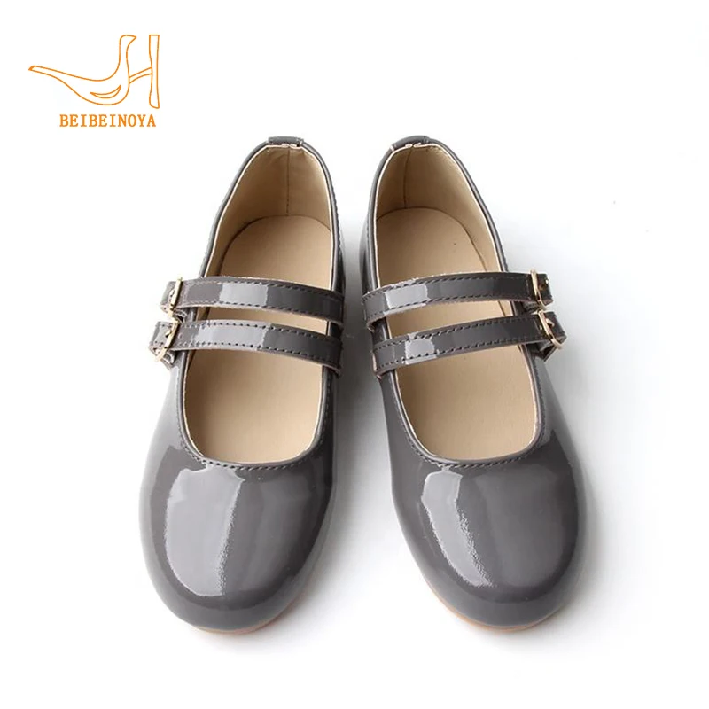 Babyhappy Factory Price Grey Hard Outole Round Toe Smooth Mirror Leather Girl Flat Princess Mary Jane Shoes