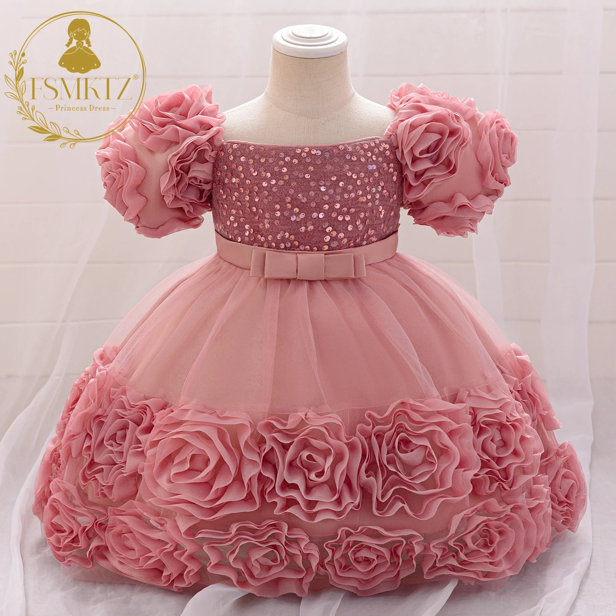 FSMKTZ Kids Boutique Floral Dress for Baby Girls Short Sleeve Flower Dress Children Party Dresses Sequins Evening Ball Gown