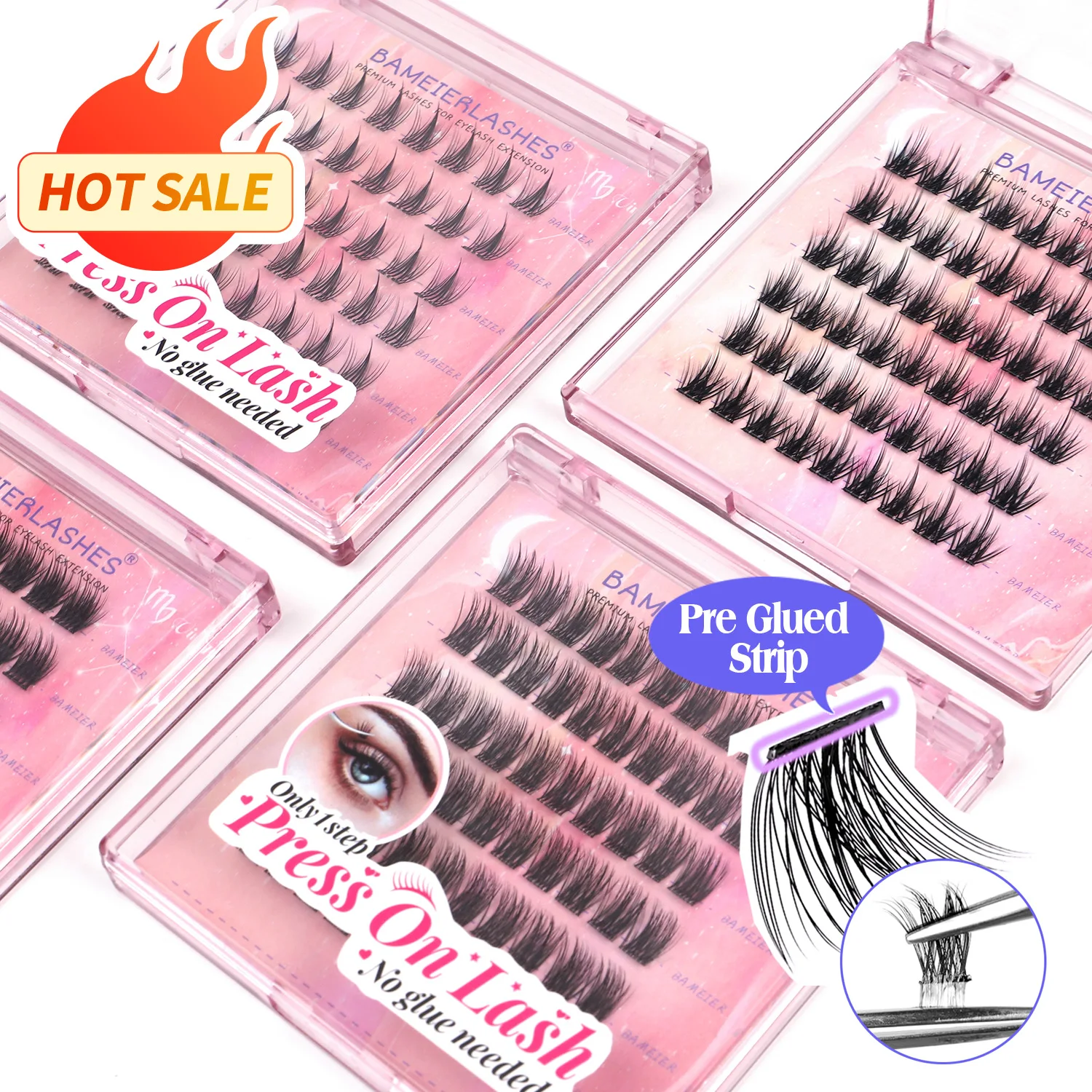 Bameier Handmade Precut Eyelashes Self Adhesive Individual Lash Mixed Tray Press on Diy Cluster Lash