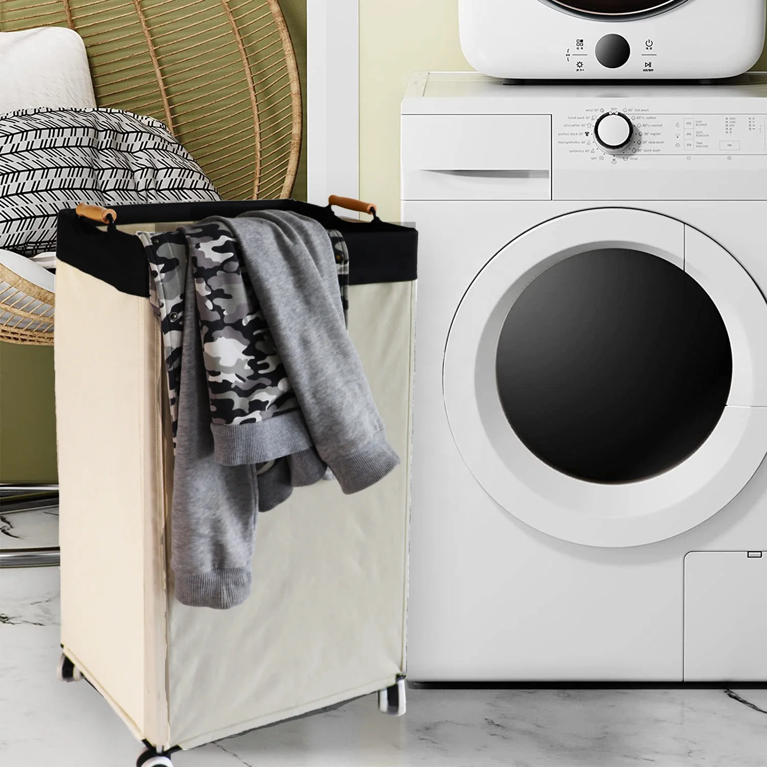 Laundry Basket With wheels Large disassembly Laundry Hampers with Wooden Handles Metal frame 	 home storage & organization