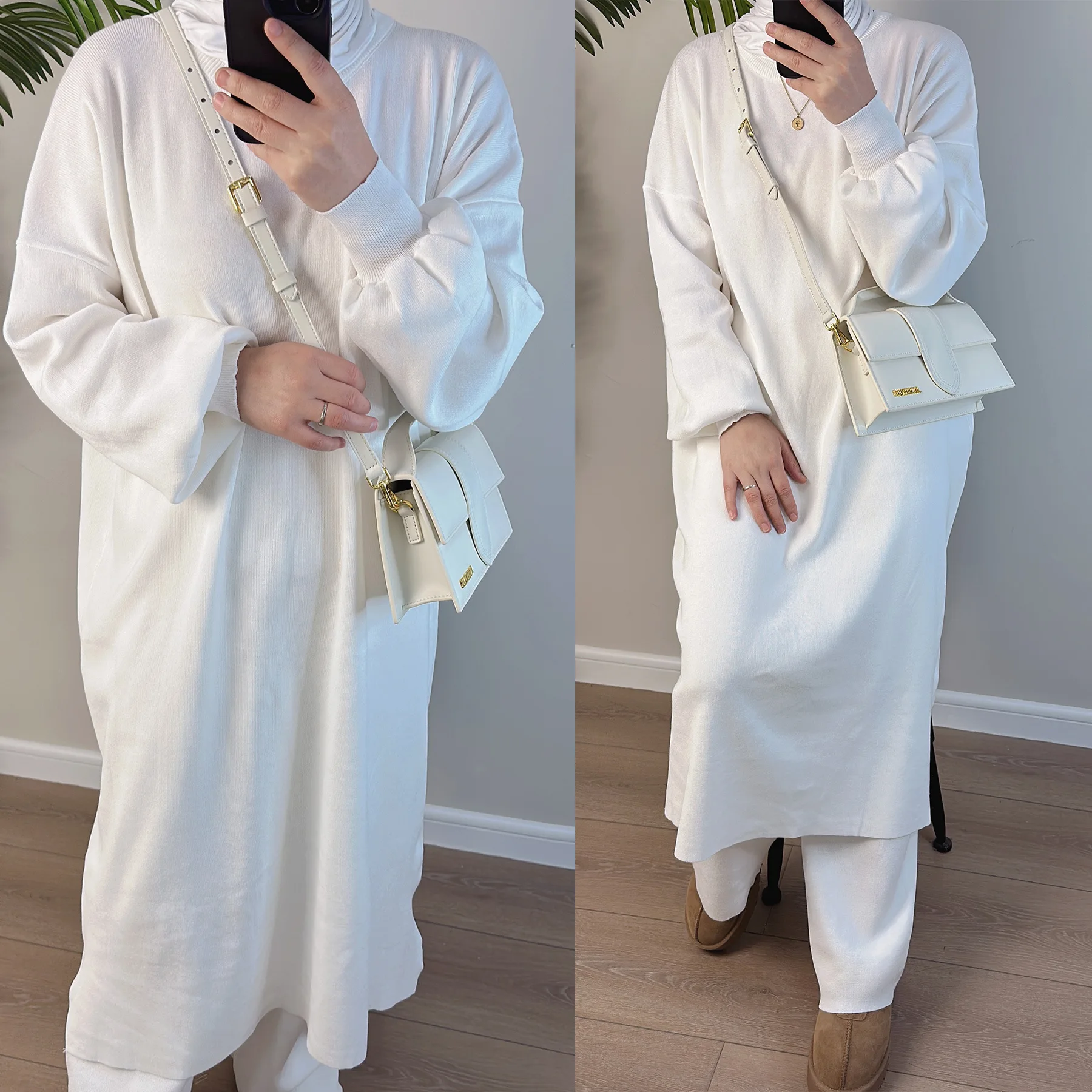 Wholesale Abaya Dubai 2024 Plain Color Sweater Dresses With Pants Islamic Clothing 2 Piece Abaya Set For Muslim Women