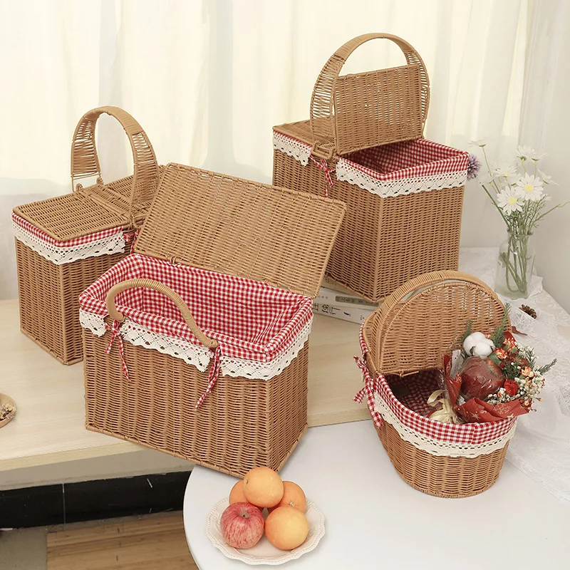 basket small easter rectangular hand basket woven plastic bamboo seagrass gift handicraft storage basket with lid for storage