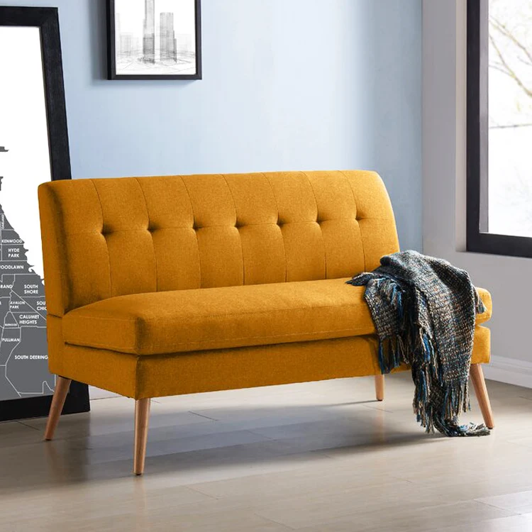 Nordic Modern Living Room Office Furniture Upholstered Wooden Frame Leg Fabric Linen Armless 2 Seat Loveseat Leisure Sofa