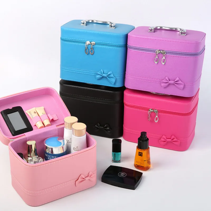 
GS021 Ready Stock Bowknot Design Cosmetic Case Square Portable Cosmetic Bag Korean Fashion PU Leather Big Storage Cosmetic Case 