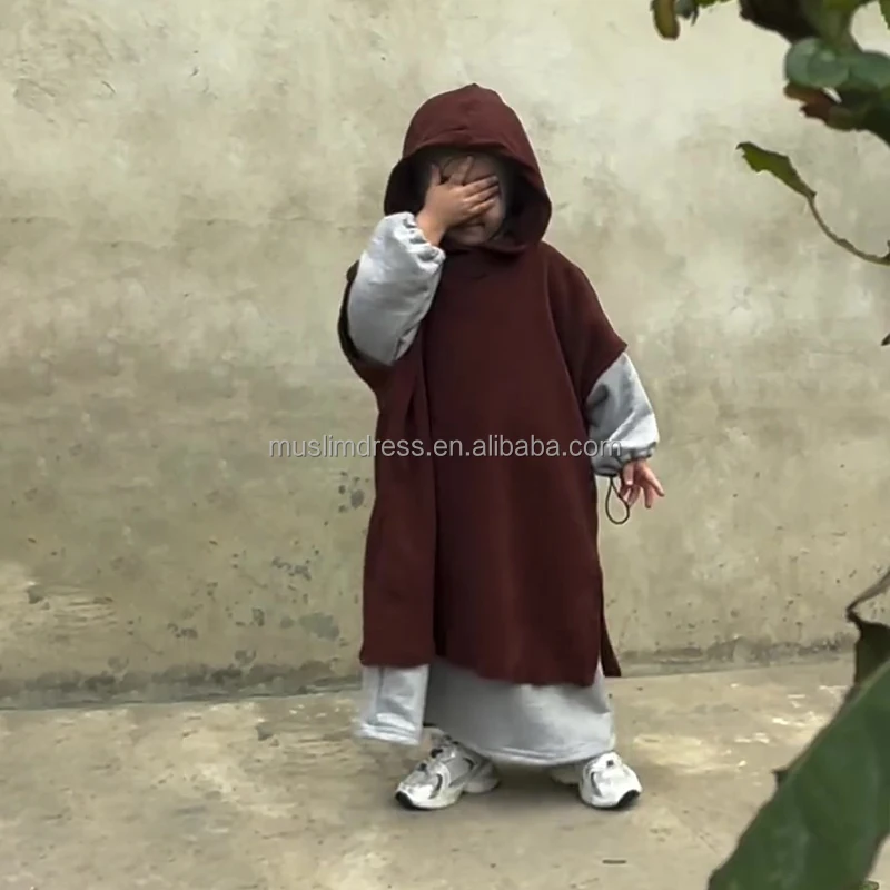 Factory Wholesale Winter Warm Hooded Abaya Dress Girls Kids Muslim Children Polyester Ethnic Wholesale Hooded Kid Abaya Dress