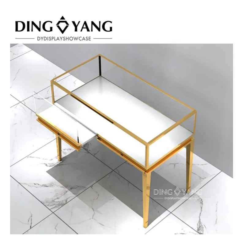 China Factory Luxury High Grade Hairline Golden Brass Metal Gass Custom Jewelry Showcase With Led Light Lockable