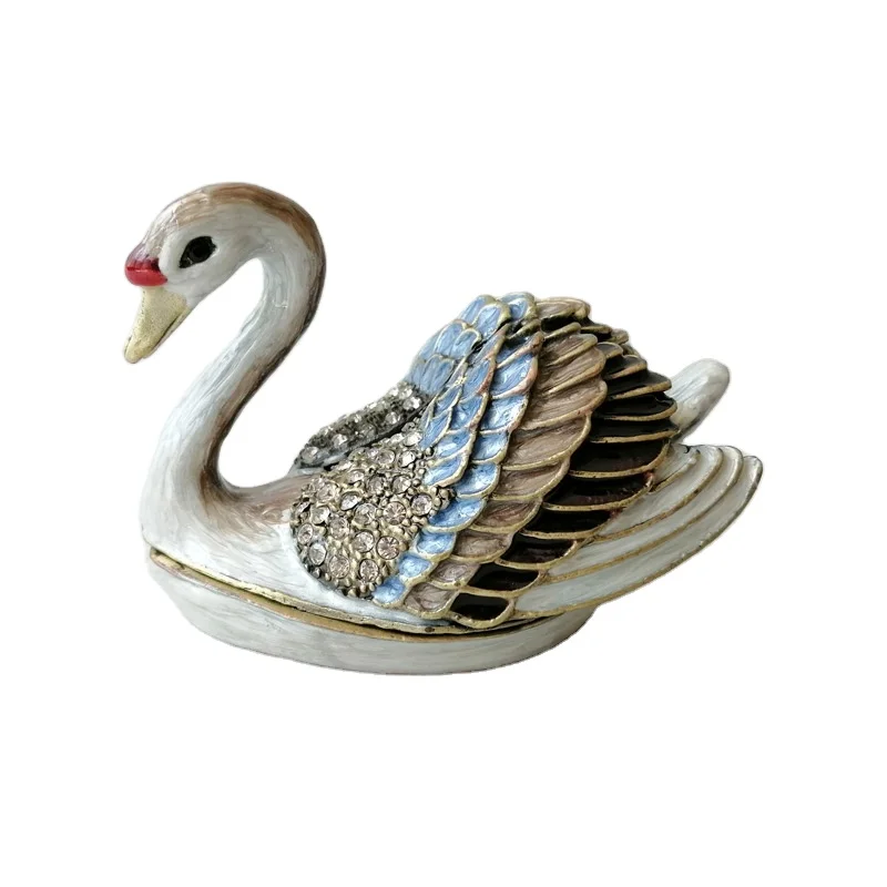 Antique Brass White Blue Hand Epoxy And Jeweled Swan Design Metal Zinc Alloy Jewelry Trinket Box