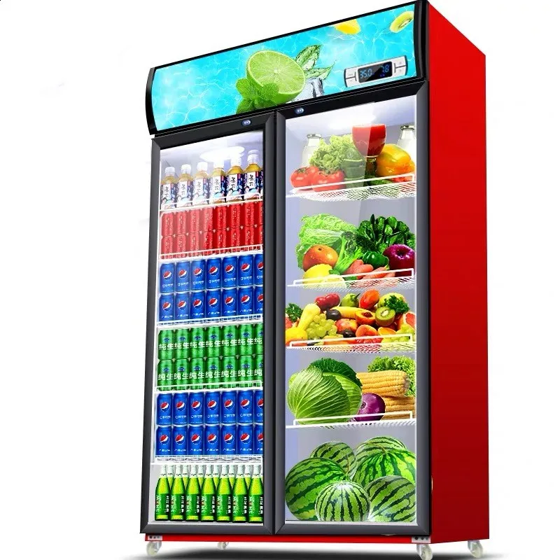 Large capacity double layer glass doors standing drink freezer upright Beverage bar fridge refrigerator