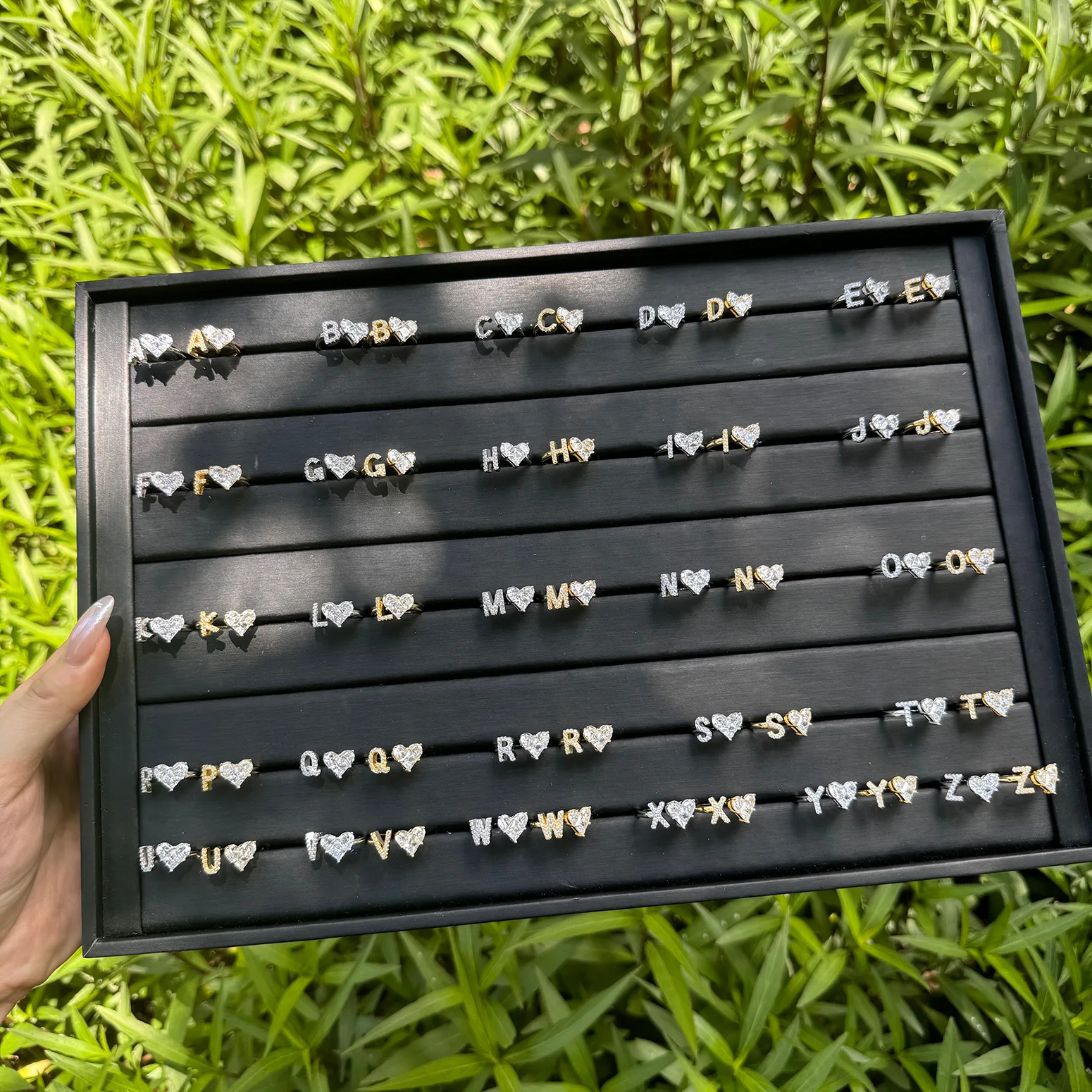 9 Toderi Fine Jewelry S925 Sterling Silver Gold plated Women lady 26Initial Alphabet Heart 5A Zircon Open Adjustable Ring