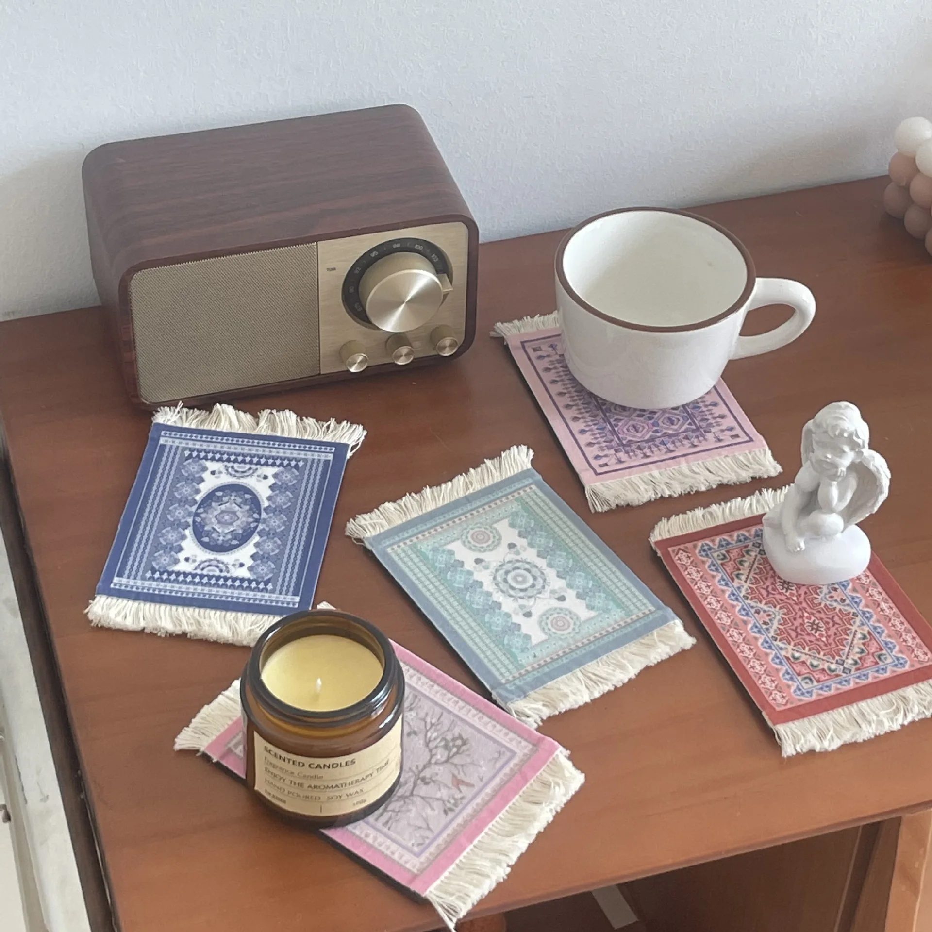 Non-Slip Custom Mug Pads Bohemia Table Anti-Heat Cup Mat Square Fabric Dining Table Tassel Mats for Home Decor